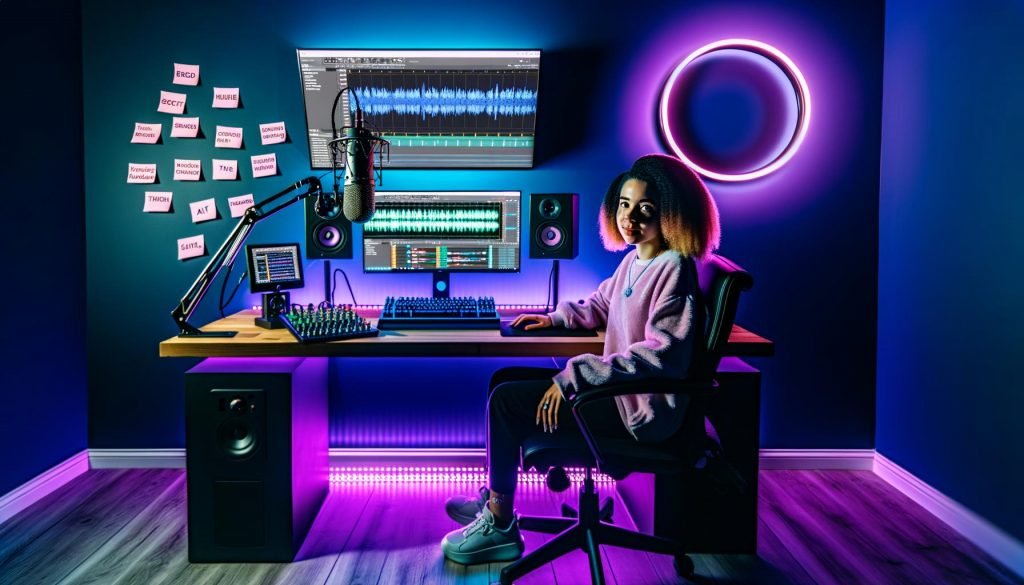 Futuristisches Creator-Heimstudio mit dualen Monitoren, High-End-Audiotechnik, LED-Lichtern und Content Tools für TikTok und YouTube.