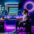 Futuristisches Creator-Heimstudio mit dualen Monitoren, High-End-Audiotechnik, LED-Lichtern und Content Tools für TikTok und YouTube.