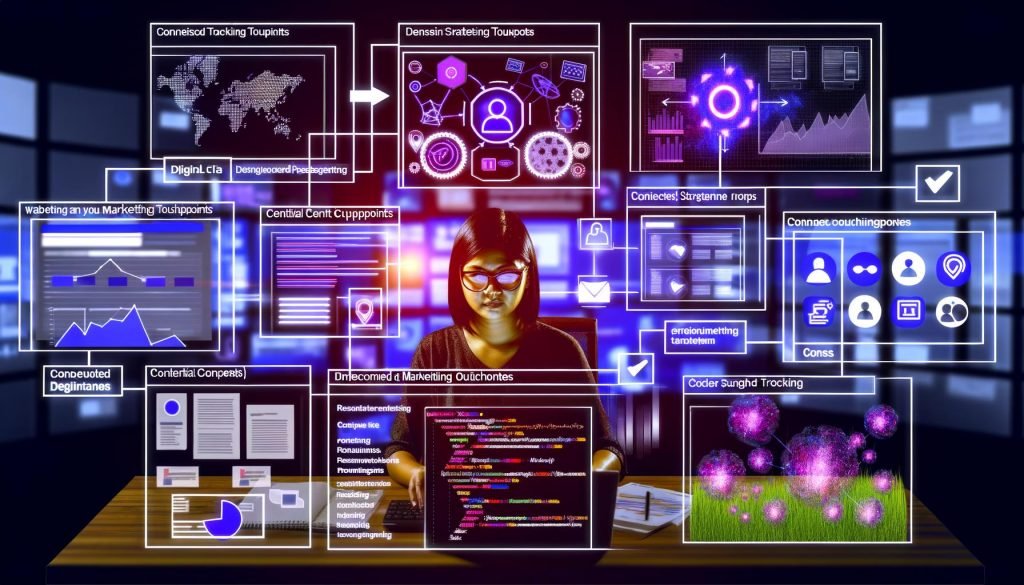 Digitale Illustration eines Marketers vor mehreren Bildschirmen mit Analytics-Dashboards, Datenflüssen und vernetzten Marketing-Systemen