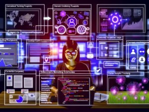 Digitale Illustration eines Marketers vor mehreren Bildschirmen mit Analytics-Dashboards, Datenflüssen und vernetzten Marketing-Systemen