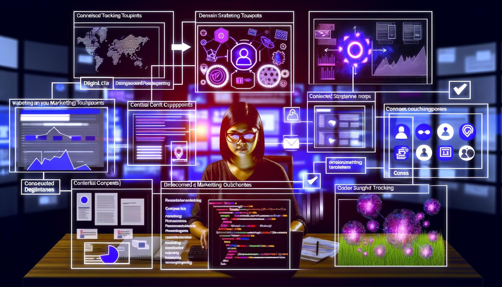 Digitale Illustration eines Marketers vor mehreren Bildschirmen mit Analytics-Dashboards, Datenflüssen und vernetzten Marketing-Systemen