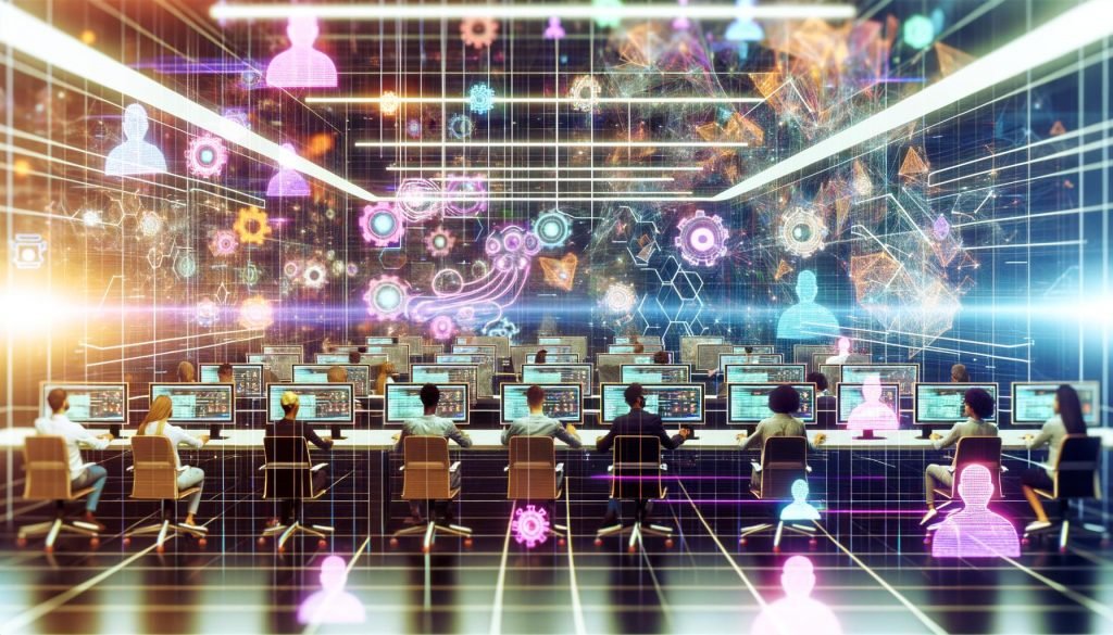 Futuristisches Büro mit Marketers und Analysten, digitalen Dashboards, holografischen Diagrammen und vernetzten CRM-, CDP-, DMP-Systemen in Pastellneonbeleuchtung.