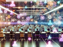 Futuristisches Büro mit Marketers und Analysten, digitalen Dashboards, holografischen Diagrammen und vernetzten CRM-, CDP-, DMP-Systemen in Pastellneonbeleuchtung.