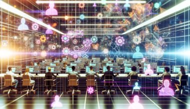 Futuristisches Büro mit Marketers und Analysten, digitalen Dashboards, holografischen Diagrammen und vernetzten CRM-, CDP-, DMP-Systemen in Pastellneonbeleuchtung.