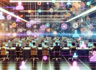Futuristisches Büro mit Marketers und Analysten, digitalen Dashboards, holografischen Diagrammen und vernetzten CRM-, CDP-, DMP-Systemen in Pastellneonbeleuchtung.