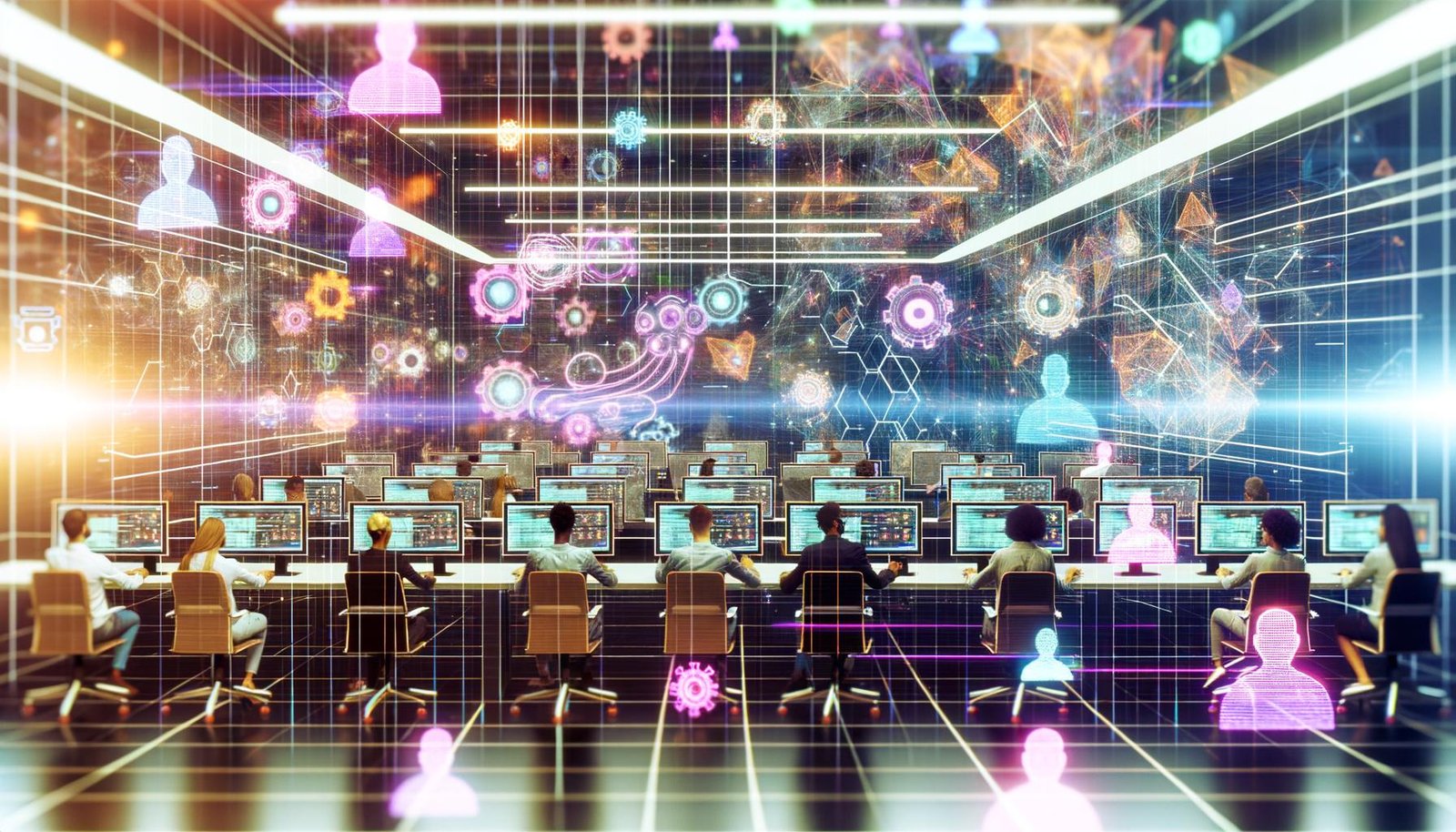 Futuristisches Büro mit Marketers und Analysten, digitalen Dashboards, holografischen Diagrammen und vernetzten CRM-, CDP-, DMP-Systemen in Pastellneonbeleuchtung.