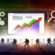 Digitales Schlachtfeld für SEO mit Computerbildschirm, aufsteigendem Traffic-Graph, technischen Icons sowie Schattenrissen konkurrierender Websites im Nebel.