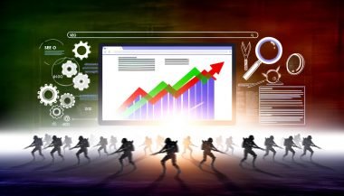 Digitales Schlachtfeld für SEO mit Computerbildschirm, aufsteigendem Traffic-Graph, technischen Icons sowie Schattenrissen konkurrierender Websites im Nebel.