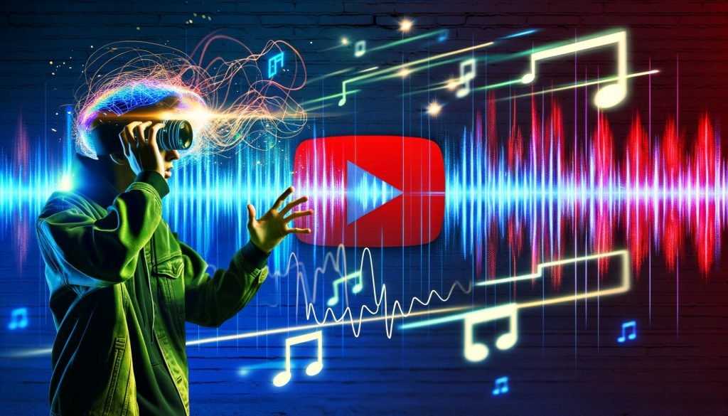 YouTuber umgeben von bunten Soundwellen, modernen Musiknoten, YouTube-Logo, Shorts und auffälligen Like-Icons auf einem urban-digitalen Hintergrund