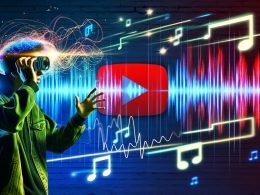 YouTuber umgeben von bunten Soundwellen, modernen Musiknoten, YouTube-Logo, Shorts und auffälligen Like-Icons auf einem urban-digitalen Hintergrund