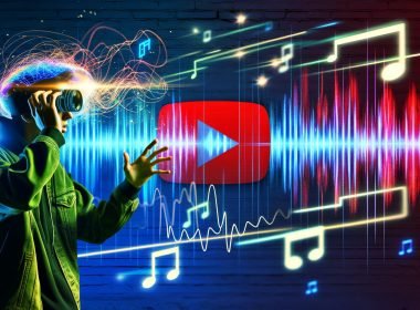 YouTuber umgeben von bunten Soundwellen, modernen Musiknoten, YouTube-Logo, Shorts und auffälligen Like-Icons auf einem urban-digitalen Hintergrund