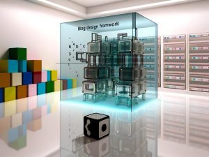Moderner, modularer Blog-Baukasten aus glänzenden Materialien in technischem Stil, vor bunten traditionellen Bausteinen, mit sichtbaren Code-Elementen und Datenströmen in futuristischem Raum.