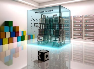 Moderner, modularer Blog-Baukasten aus glänzenden Materialien in technischem Stil, vor bunten traditionellen Bausteinen, mit sichtbaren Code-Elementen und Datenströmen in futuristischem Raum.