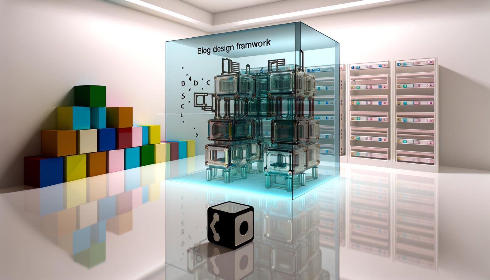 Moderner, modularer Blog-Baukasten aus glänzenden Materialien in technischem Stil, vor bunten traditionellen Bausteinen, mit sichtbaren Code-Elementen und Datenströmen in futuristischem Raum.