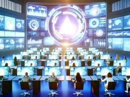 Futuristisches Büro mit Marketers, die VR-Headsets tragen und holografische TikTok-Anzeigen analysieren, im Hintergrund ein großes, leuchtendes TikTok-Logo und schwebende Konversionsmetriken.
