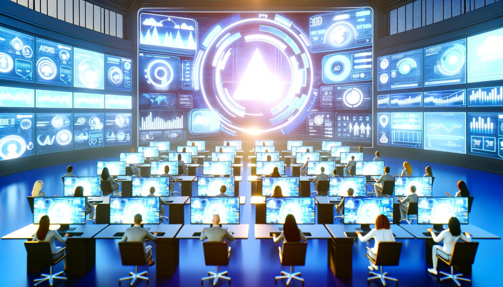 Futuristisches Büro mit Marketers, die VR-Headsets tragen und holografische TikTok-Anzeigen analysieren, im Hintergrund ein großes, leuchtendes TikTok-Logo und schwebende Konversionsmetriken.