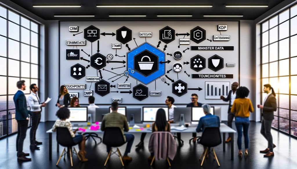Modernes Büro mit vielfältigem Team analysiert digitales Customer Data Model auf großem Bildschirm mit Kategorien wie Stammdaten, Transaktionsdaten, Touchpoints und Kontextdaten, umgeben von Infografiken zu Datenflüssen und Datenschutzsymbolen.