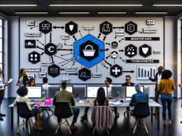 Modernes Büro mit vielfältigem Team analysiert digitales Customer Data Model auf großem Bildschirm mit Kategorien wie Stammdaten, Transaktionsdaten, Touchpoints und Kontextdaten, umgeben von Infografiken zu Datenflüssen und Datenschutzsymbolen.