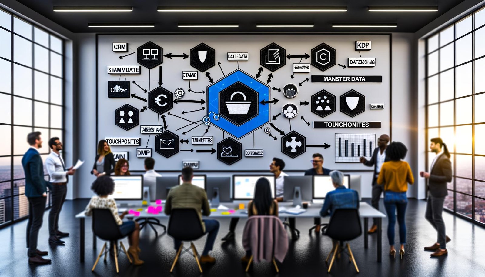 Modernes Büro mit vielfältigem Team analysiert digitales Customer Data Model auf großem Bildschirm mit Kategorien wie Stammdaten, Transaktionsdaten, Touchpoints und Kontextdaten, umgeben von Infografiken zu Datenflüssen und Datenschutzsymbolen.