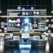 Moderner Arbeitsplatz mit großem Bildschirm, auf dem ein umfassendes SEO-Dashboard mit Analysen, Web Vitals und technischen Tools angezeigt wird, umgeben von digitalen Symbolen wie Brand Authority und Server-Speed in futuristischer Umgebung.