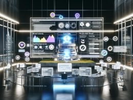 Moderner Arbeitsplatz mit großem Bildschirm, auf dem ein umfassendes SEO-Dashboard mit Analysen, Web Vitals und technischen Tools angezeigt wird, umgeben von digitalen Symbolen wie Brand Authority und Server-Speed in futuristischer Umgebung.