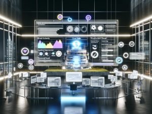 Moderner Arbeitsplatz mit großem Bildschirm, auf dem ein umfassendes SEO-Dashboard mit Analysen, Web Vitals und technischen Tools angezeigt wird, umgeben von digitalen Symbolen wie Brand Authority und Server-Speed in futuristischer Umgebung.