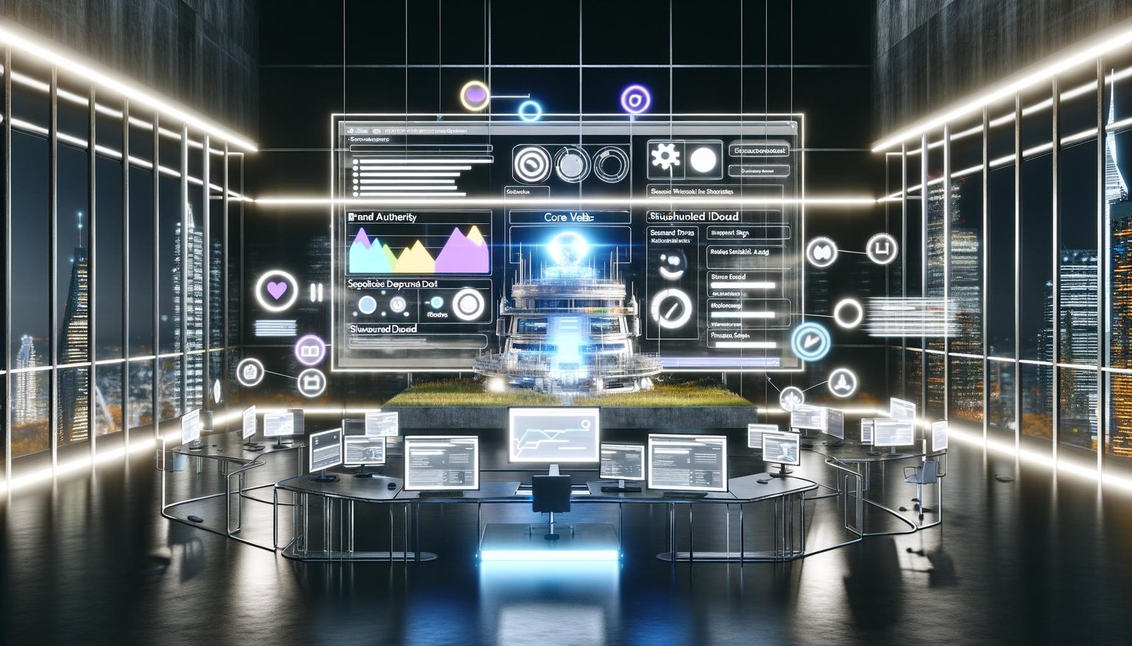 Moderner Arbeitsplatz mit großem Bildschirm, auf dem ein umfassendes SEO-Dashboard mit Analysen, Web Vitals und technischen Tools angezeigt wird, umgeben von digitalen Symbolen wie Brand Authority und Server-Speed in futuristischer Umgebung.