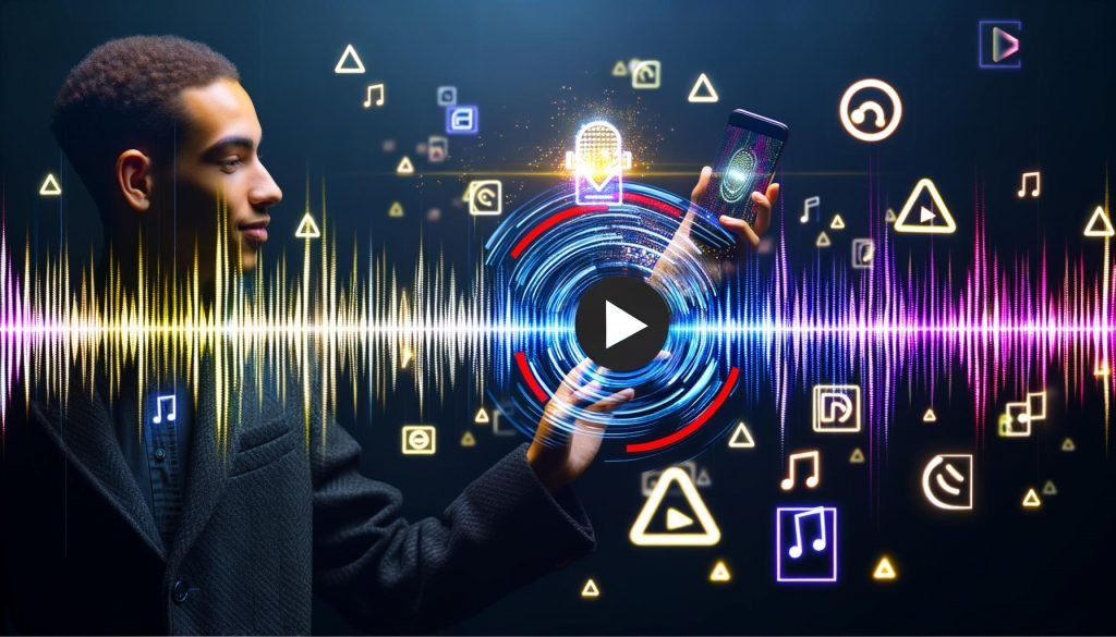 Junger Marketingprofi mit Smartphone zeigt das YouTube-Logo und Soundwellen vor leuchtenden Codestreifen und urbanen Datenvisualisierungen in Neonfarben.