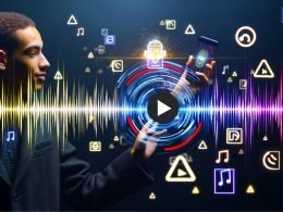 Junger Marketingprofi mit Smartphone zeigt das YouTube-Logo und Soundwellen vor leuchtenden Codestreifen und urbanen Datenvisualisierungen in Neonfarben.