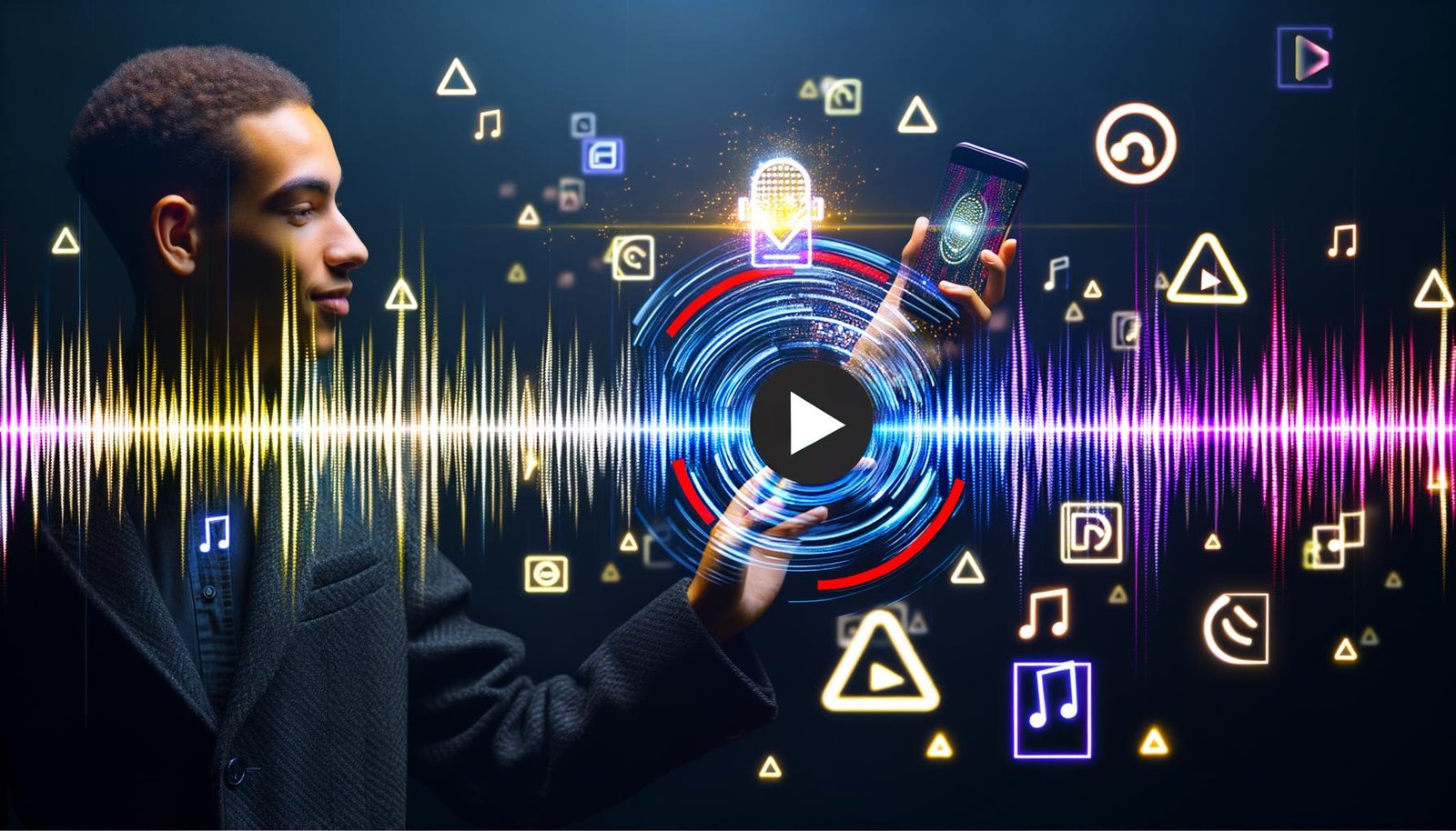 Junger Marketingprofi mit Smartphone zeigt das YouTube-Logo und Soundwellen vor leuchtenden Codestreifen und urbanen Datenvisualisierungen in Neonfarben.