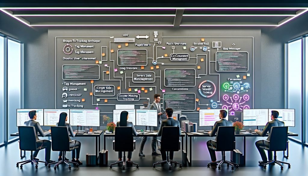 Modernes, technologieorientiertes Büro mit mehreren Bildschirmen, digitalen Flowcharts zur Tracking-Architektur und Fachleuten, die gemeinsam an Analytics-Lösungen arbeiten. Im Hintergrund ein leuchtendes 404-Schild.