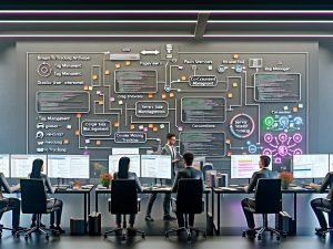 Modernes, technologieorientiertes Büro mit mehreren Bildschirmen, digitalen Flowcharts zur Tracking-Architektur und Fachleuten, die gemeinsam an Analytics-Lösungen arbeiten. Im Hintergrund ein leuchtendes 404-Schild.