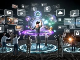 Nutzer mit VR-Headsets interagieren in einer modernen virtuellen Realität mit eingebetteten TikTok Spark Ads und holografischen Bannern