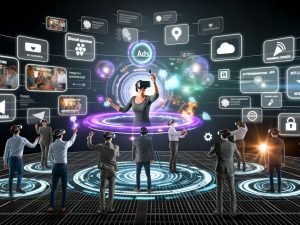 Nutzer mit VR-Headsets interagieren in einer modernen virtuellen Realität mit eingebetteten TikTok Spark Ads und holografischen Bannern