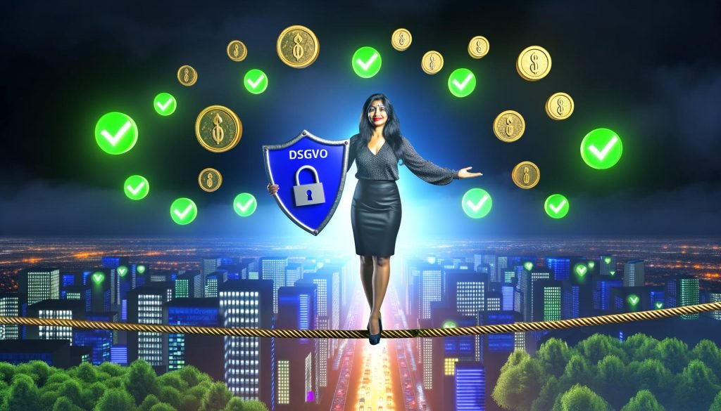 Illustration eines Marketers auf einem Drahtseil über einer digitalen Skyline mit DSGVO-Schild, Goldmünzen, Datenströmen und Compliance-Icons im Hintergrund.