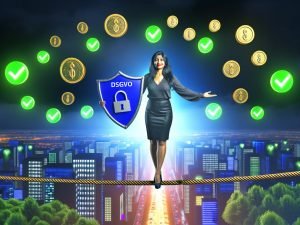 Illustration eines Marketers auf einem Drahtseil über einer digitalen Skyline mit DSGVO-Schild, Goldmünzen, Datenströmen und Compliance-Icons im Hintergrund.