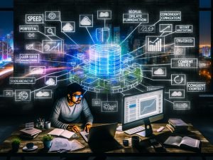 Collage mit futuristischer Blogger-Arbeitsumgebung, verblassenden Blog-Icons, abstraktem SEO-Schaltplan, wachsenden Content-Pflanzen, vernetzter Content-Distribution, farbiger Infografik, Monitoring-Dashboards und dem Bild eines modernen, erfolgreichen Blogs.