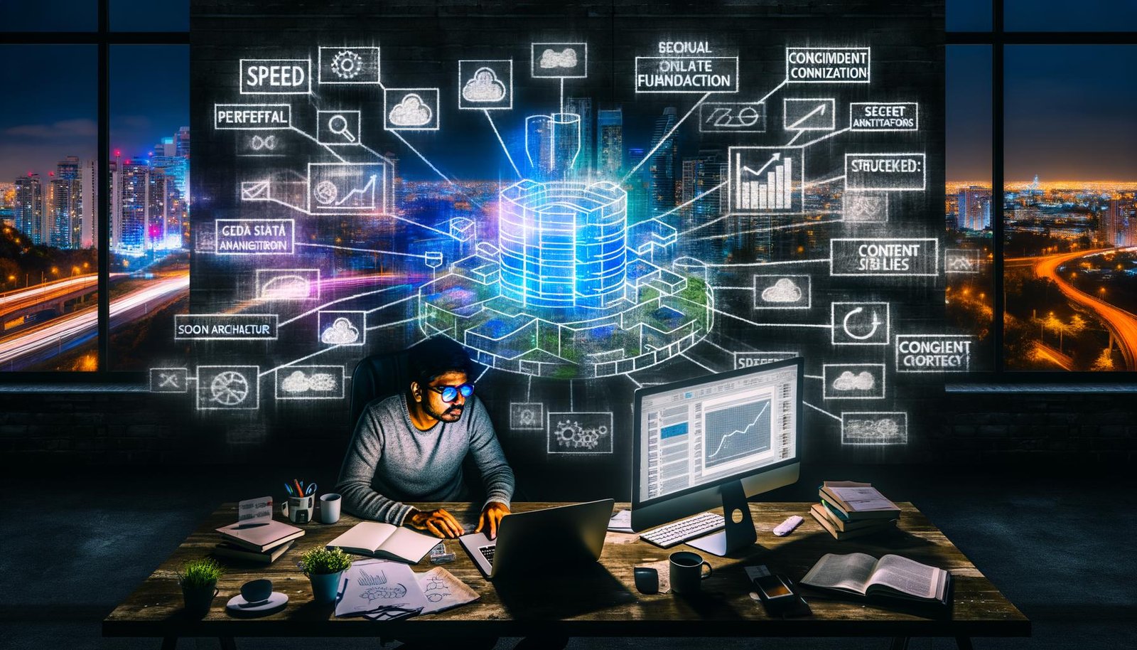Collage mit futuristischer Blogger-Arbeitsumgebung, verblassenden Blog-Icons, abstraktem SEO-Schaltplan, wachsenden Content-Pflanzen, vernetzter Content-Distribution, farbiger Infografik, Monitoring-Dashboards und dem Bild eines modernen, erfolgreichen Blogs.