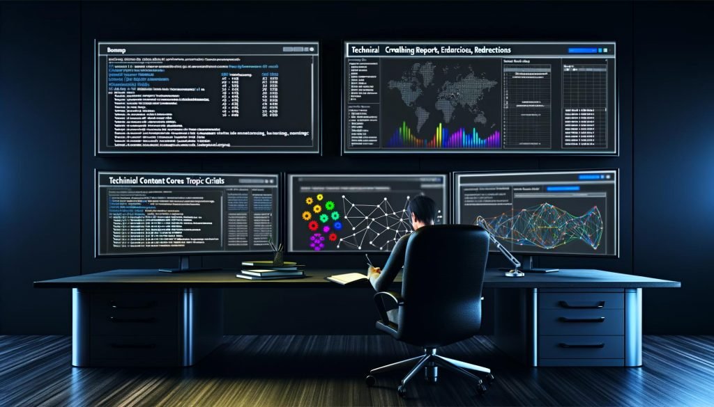 Moderner, dunkler Arbeitsplatz mit drei großen Bildschirmen mit komplexen SEO-Analysen – technische Reports, Themencluster, Heatmaps, Netzwerk-Visualisierungen – sowie einer sachlich wirkenden, konzentrierten Person mit Notizbuch.