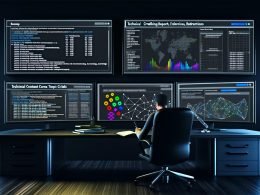 Moderner, dunkler Arbeitsplatz mit drei großen Bildschirmen mit komplexen SEO-Analysen – technische Reports, Themencluster, Heatmaps, Netzwerk-Visualisierungen – sowie einer sachlich wirkenden, konzentrierten Person mit Notizbuch.