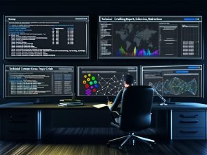 Moderner, dunkler Arbeitsplatz mit drei großen Bildschirmen mit komplexen SEO-Analysen – technische Reports, Themencluster, Heatmaps, Netzwerk-Visualisierungen – sowie einer sachlich wirkenden, konzentrierten Person mit Notizbuch.