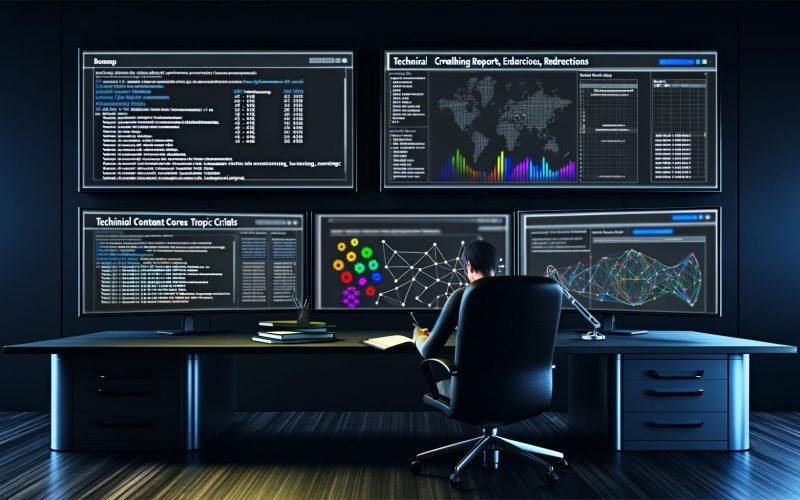 Moderner, dunkler Arbeitsplatz mit drei großen Bildschirmen mit komplexen SEO-Analysen – technische Reports, Themencluster, Heatmaps, Netzwerk-Visualisierungen – sowie einer sachlich wirkenden, konzentrierten Person mit Notizbuch.