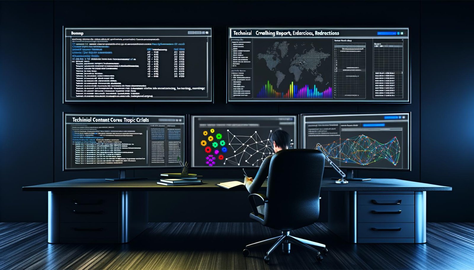 Moderner, dunkler Arbeitsplatz mit drei großen Bildschirmen mit komplexen SEO-Analysen – technische Reports, Themencluster, Heatmaps, Netzwerk-Visualisierungen – sowie einer sachlich wirkenden, konzentrierten Person mit Notizbuch.