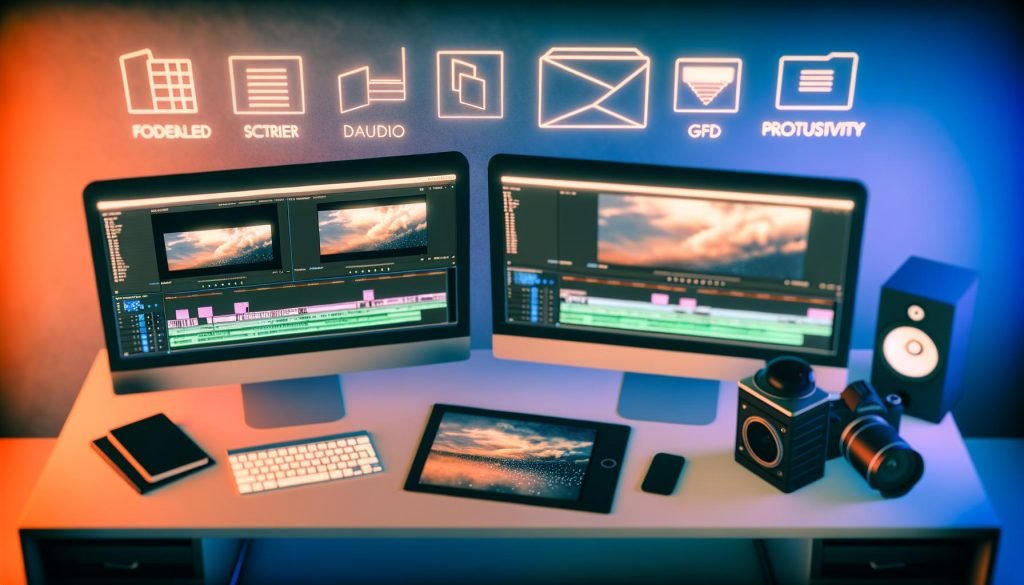 Stilisierter, organisierter Schreibtisch eines Digital Creators mit Monitoren, Tablet, Notizblock, Kamera und SSD-Foldern, betont durch futuristische Beleuchtung und Software-Overlays.