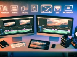 Stilisierter, organisierter Schreibtisch eines Digital Creators mit Monitoren, Tablet, Notizblock, Kamera und SSD-Foldern, betont durch futuristische Beleuchtung und Software-Overlays.