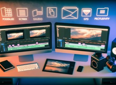 Stilisierter, organisierter Schreibtisch eines Digital Creators mit Monitoren, Tablet, Notizblock, Kamera und SSD-Foldern, betont durch futuristische Beleuchtung und Software-Overlays.
