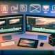 Stilisierter, organisierter Schreibtisch eines Digital Creators mit Monitoren, Tablet, Notizblock, Kamera und SSD-Foldern, betont durch futuristische Beleuchtung und Software-Overlays.