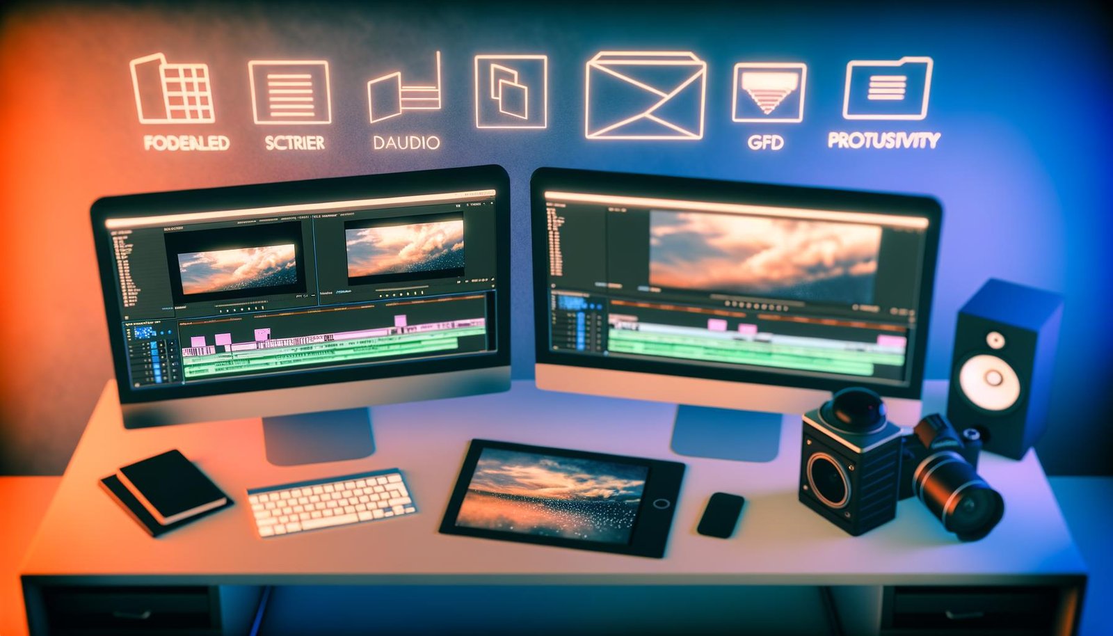 Stilisierter, organisierter Schreibtisch eines Digital Creators mit Monitoren, Tablet, Notizblock, Kamera und SSD-Foldern, betont durch futuristische Beleuchtung und Software-Overlays.