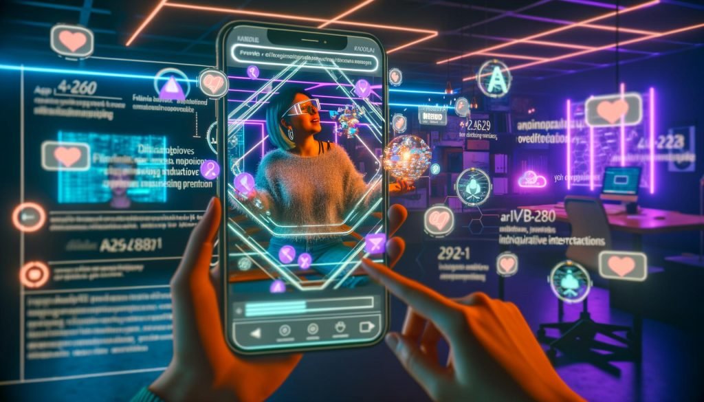 Marketer betrachtet futuristischen TikTok-Feed auf Smartphone mit AR/VR-Effekten in neonbeleuchteter Umgebung, umgeben von Dashboards und VR-Headsets.