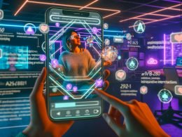 Marketer betrachtet futuristischen TikTok-Feed auf Smartphone mit AR/VR-Effekten in neonbeleuchteter Umgebung, umgeben von Dashboards und VR-Headsets.